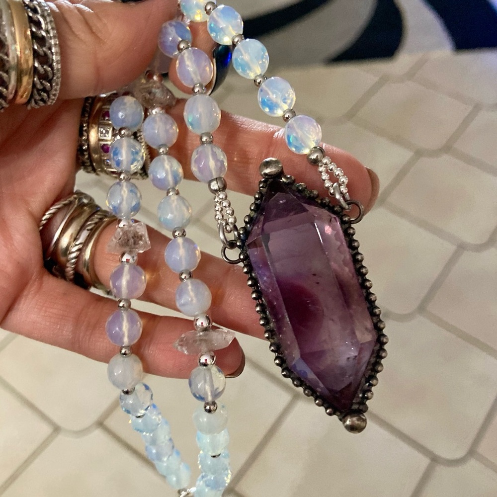 Amethyst , Herkimer diamonds crystal quartz & blue opalite beads boho necklace - Picture 13 of 16